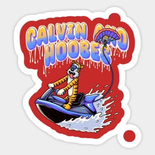 funny calvin and hobbes boarded the airboat Sticker